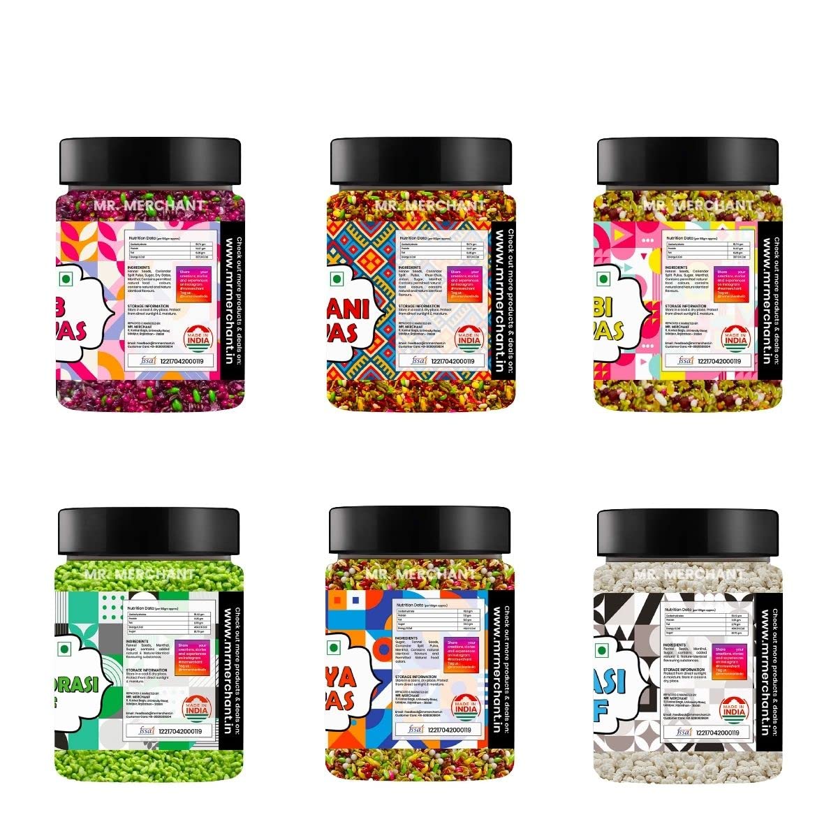 Mukhwas Mouth Freshener (Pack of 6) Rajasthani Mukhwas 150g, Mumbai Mix Mukhwas 150g, Punjabi Mukhwas 150g, Gulab Mukhwas 150g, Green Madrasi Saunf 100g, White Madrasi Saunf 100g (Trial Pack)