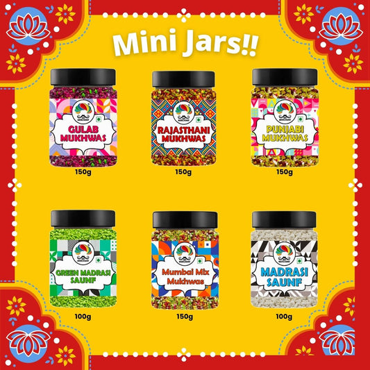 Mukhwas Mouth Freshener (Pack of 6) Rajasthani Mukhwas 150g, Mumbai Mix Mukhwas 150g, Punjabi Mukhwas 150g, Gulab Mukhwas 150g, Green Madrasi Saunf 100g, White Madrasi Saunf 100g (Trial Pack)